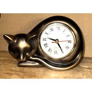 Cat Figurine Quartz Clock Bronze Pewter Brass Deep Gold Kitty sleeping Desktop